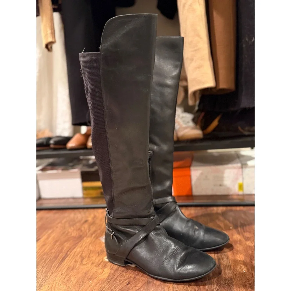 Antonio Melani Black Leather Over The Knee Boots Flat Buckle Strap Womens 7.5M